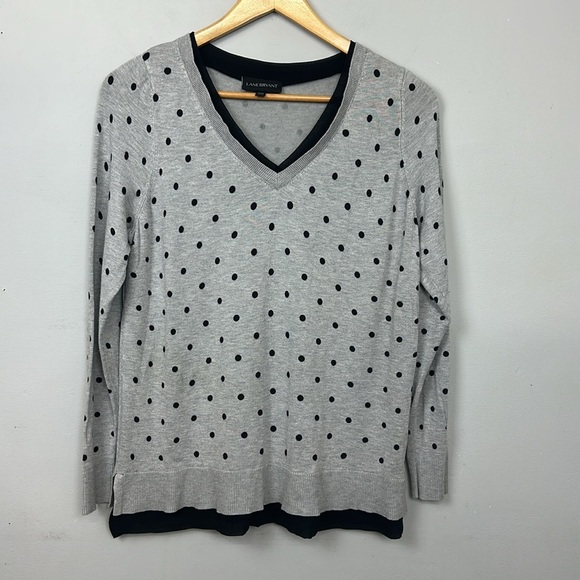 Lane Bryant Polka Dot Sweater 14/16 Gray Black V Neck Chiffon Trim Sz 14 - Picture 2 of 8